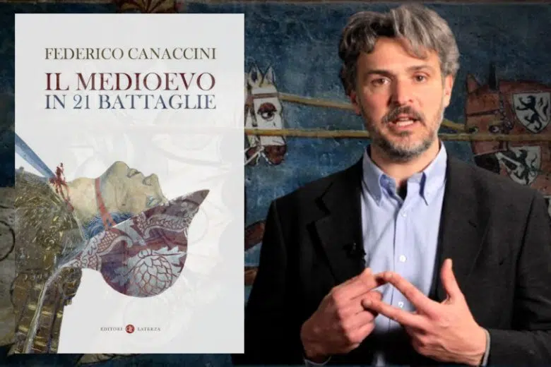 “Il Medioevo in 21 battaglie”, presentazione del libro a Siena Federico Canaccini con la copertina del libro Il Medioevo in 21 battaglie