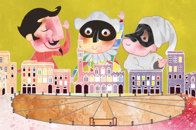 Martedì Grasso, festa di Carnevale per i bambini in Piazza del Campo Carnevale Piazza del Campo a Siena, disegno maschere