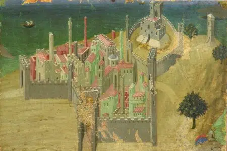 Cartoline dalla Pinacoteca di Siena, laboratorio creativo per famiglie Il Sassetta, Veduta di città sul mare