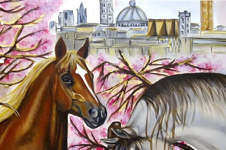Alla galleria Olmastroni a Siena la mostra di Laurenzia Mecarozzi Laurenzia Mecarozzi, opera, cavalli con Siena sullo sfondo