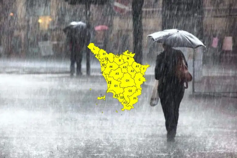 Piogge e temporali, allerta gialla estesa a tutta la Toscana fino a mezzanotte Allerta meteo gialla per pioggia in Toscana