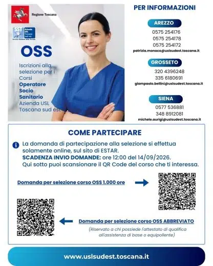 Diventare OSS, aperte le iscrizioni ai corsi della Asl Toscana Sud Est